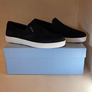 Womens Prada slip on suede sneaker